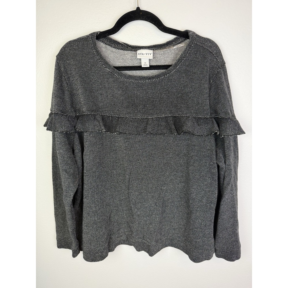 Ava & Viv Womens Ruffle Long Sleeve Top Size 3X Black Textured Round Neck Preppy
